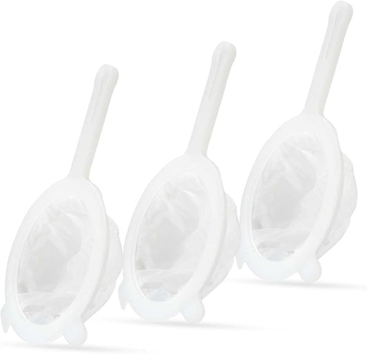 3-Piece Mesh Strainer Set with Handles & Hanging Loops, 100/200/300 Mesh, Nylon & Plastic Sieve for Tea, Coffee, Nut Milk, Juice, Broth, Smoothies, Reusable & Easy to Clean,Durable,Dishwarer Safe