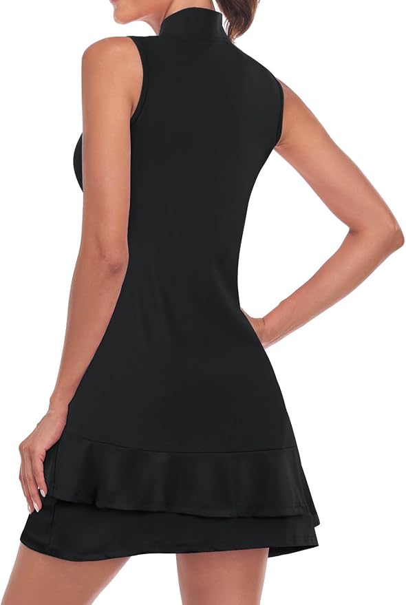 Viracy Tennis Dress for Women Sleeveless Golf Dresses with Shorts and Pockets Ruffle Zip Up Stand Collar Golf Outfits