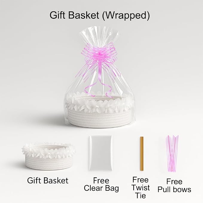 Yimi's Dream White Cotton Rope Gift Basket with Organza Lace, 12 x 8 in | Elegant Decorative Woven Basket for Weddings, Baby Shower, Newborn Photos, Easter, Nursery, Gifts, Toys, and Home Decor