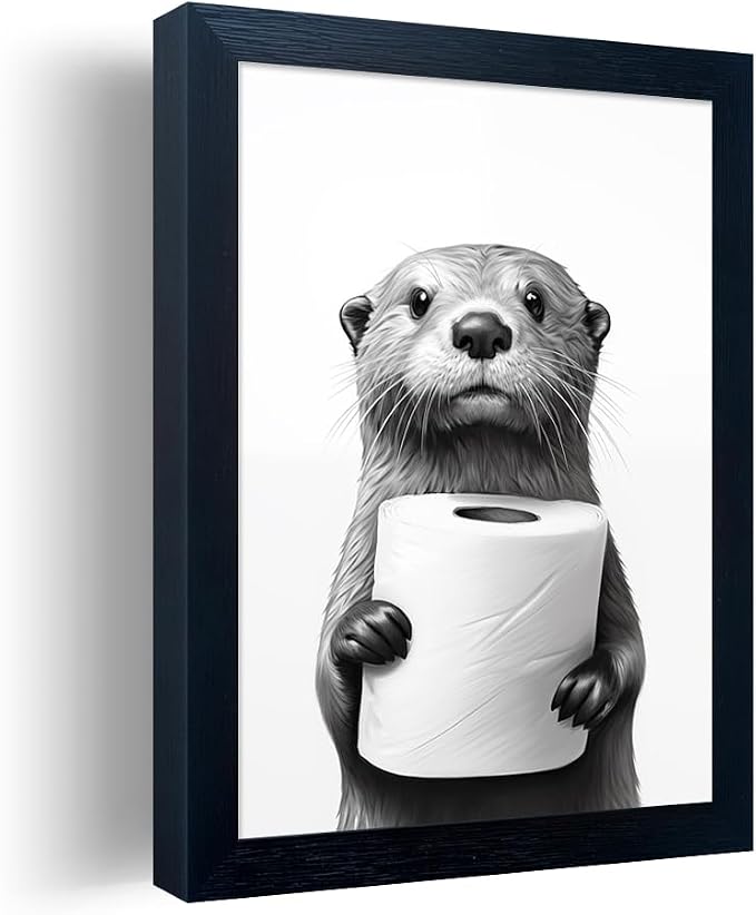 Funny Bathroom Wall Decor Framed Black and White Bathroom Wall Art Toilet Paper in Little Funny Raccoon's Hand Animal Canvas Print Painting Artworks