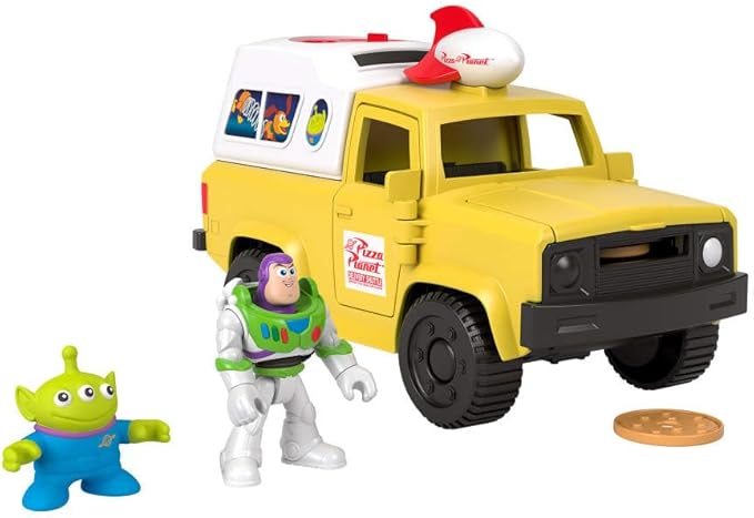 Fisher-Price Imaginext Disney and Pixar Toy Story Pizza Planet Truck with 3-inch Buzz Lightyear & Alien Friend Action Figures, Toy Vehicle & Pizza Projectile Accessories