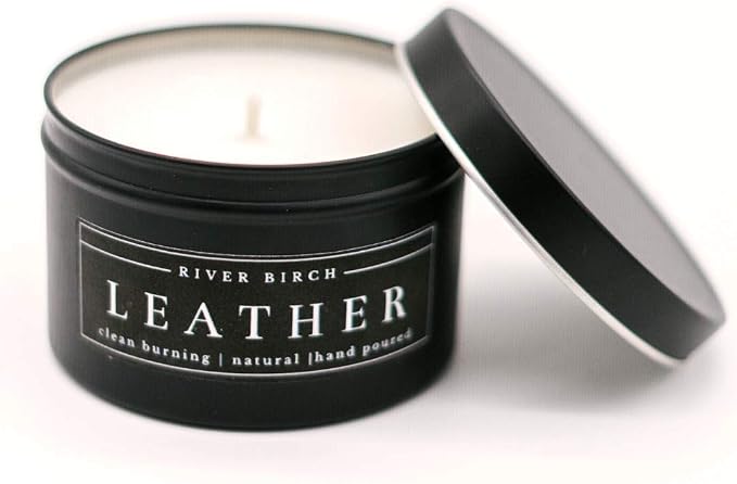 Leather Scented Candle | (Smells Just Like Leather) Scented Candles for Men & Women | All-Natural Non-Toxic Soy Candles, Scented Candles | Tin Travel Candle | Relaxing Aromatherapy Matte Black 8 oz