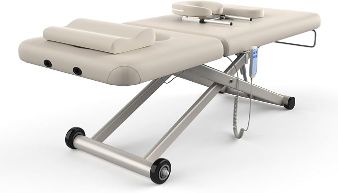 Dolonm Electric Massage Table, Heavy Duty Electric Lift and Backrest 2 Motor Adjustable for Treatment/Medical Spa/Facial Bed/Beauty Bed/Massage and More - 31.2 Wide x 75 Long, Beige Gray