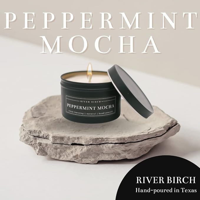 River Birch Candles Peppermint Mocha Scented Candle | Premium, All-Natural, Non-Toxic, Soy Candles | 8 oz. Black Matte Tin Travel Candle | Cozy Relaxing Gifts for Home