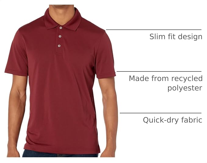 Amazon Essentials Men's Moisture Wicking Golf Polo Shirt, Short Sleeve, Slim-Fit, Quick-Dry, Active Wear