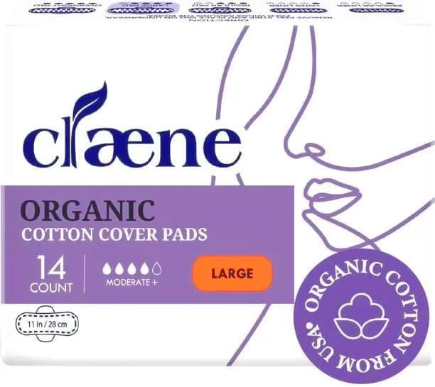 Claene Organic Cotton Cover Pads, Cruelty-Free, Menstrual Large Pads for Women, Unscented, Breathable, Vegan, Natural Sanitary Napkins with Wings (Large, 14 Count)