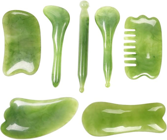 7 Pack Gua Sha Scraping Massage Facial Tools Kit, ResinGuasha Scraper Board Health Care Beauty Scrape Plate with Flax Bag for Face Body Leg Back Care Physical Acupuncture Deep Tissue Therapy (Green)