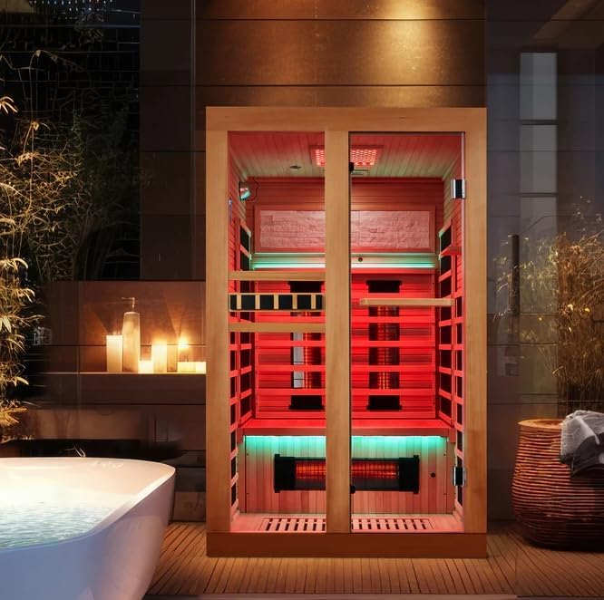 2 Person Infrared Sauna, Full Spectrum Home Sauna with Red Light Therapy, 15 Minutes Pre-Warm up Indoor Dry Saunas with 2-in-1 Door Handle, Canadian Hemlock,7 Color Light Belts, 110V