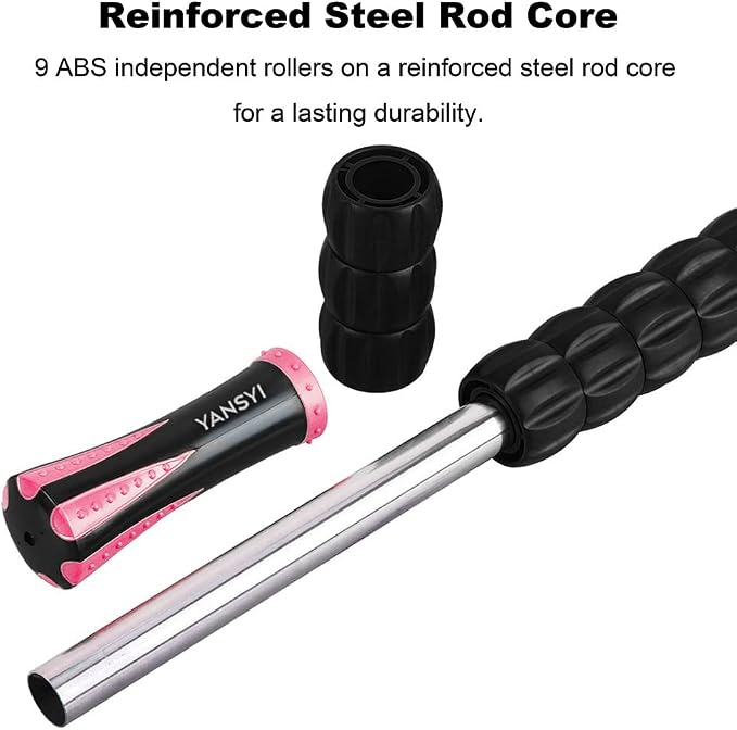 YANSYI Professional 9-Roller Deep Tissue Massage Stick - Portable Muscle Recovery Roller for Athletes, Relieves Post-Workout Soreness & Leg/Back Pain - Portable Physio Tool (Pink)