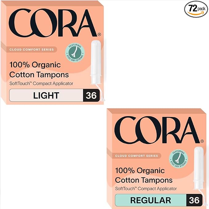 Cora Organic Applicator Tampons | Regular & Light Absorbency | 100% Organic Cotton, Unscented, BPA-Free Compact Applicator | Leak Protection | Packaging May Vary | 72 Total