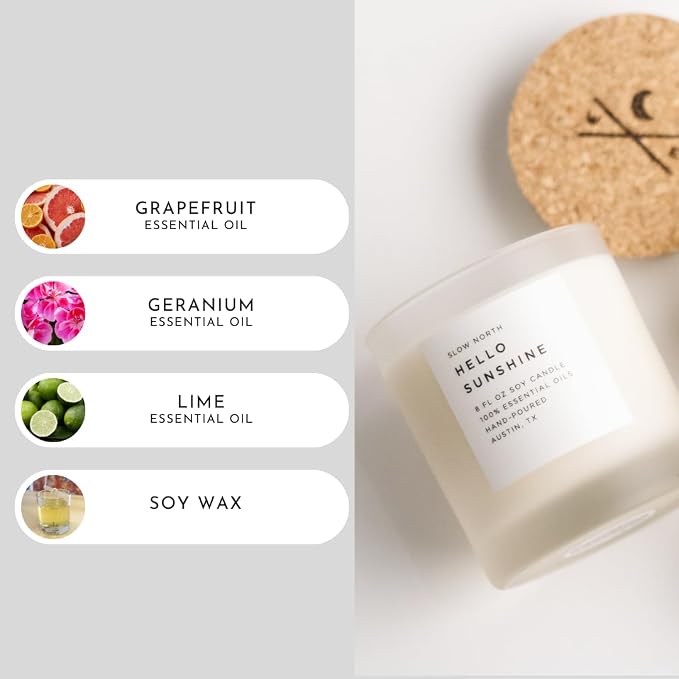 Slow North Hello Sunshine Candle - Essential Oils and Pure Soy Wax Candle in a Reusable Frosted Glass Jar - A Unique and Mindful Scented Candle Hand-Poured in the USA (8 oz)