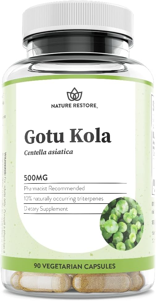 Nature Restore Gotu Kola Extract Supplement, 10 Percent Triterpenes Maximum Effectiveness, Manufactured in USA, 90 Capsules, Non GMO, Gluten Free, Vegan