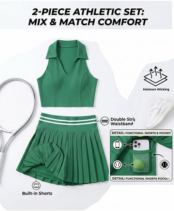 Two Piece Tennis Skirt Set for Women, Athletic Outfit with Pockets & Built-in Shorts, Moisture Wicking Golf Dress