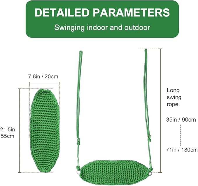 Hand-Knitting Kids Swing, Indoor Outdoor Portable Tree Swing Seat,Adjustable Ropes, with Hanging Strap and Snap Hook for Camping Hiking Backyard Playset and Playroom, Easy Install (Green)