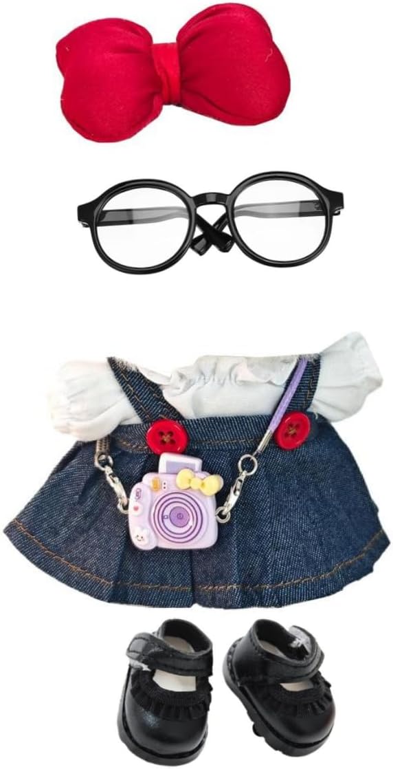 Clothes Dress for Dolls, 17cm La Boo-Boo Doll Designer Clothes Dress Outfit Accessories with Denim Suspender Skirt, Purple Camera, Glasses, Shoes and Bow Hair Decor, NZ004