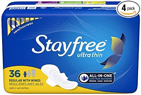 Stayfree Ultra Thin Regular Pads with Wings For Women, Reliable Protection and Absorbency of Feminine Moisture, Leaks and Periods, 36 count - Pack of 4