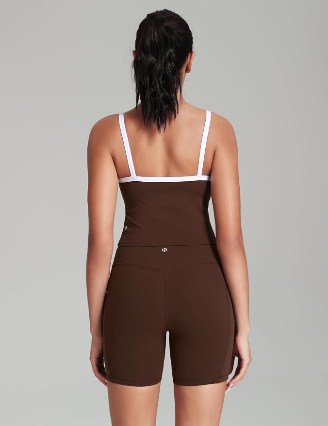 HeyNuts Vintage Color-Block Strappy Crop Tank Top for Womens, Cute Contrasting Trim Yoga Longline Sports Bras Padded A-D Cups