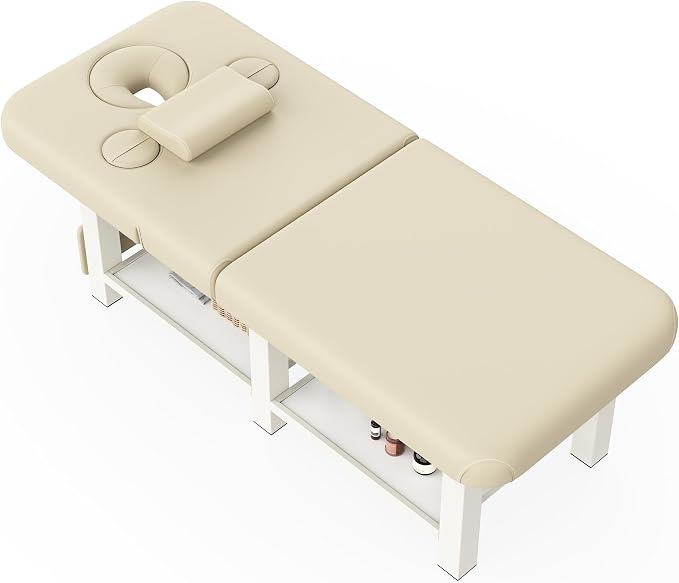 Extra Large 34''×80'' Folding Stationary Massage Table with Adjustable Backrest, Heavy-Duty Metal Frame PU Leather Treatment Bed for Spa, Physical Therapy, Tattoo, Facial & Medical Exam - Beige Gray