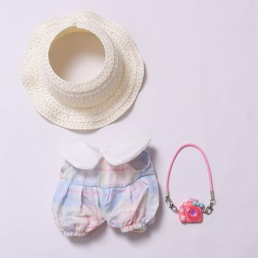 Clothes for 17cm Dolls High-End Fashion Cute Style Doll Outfit 3 Piece Set Including a Hat, Mini Camera Backpack and Clothes - Premium Dolls Accessories for Play & Display - No Doll (White)