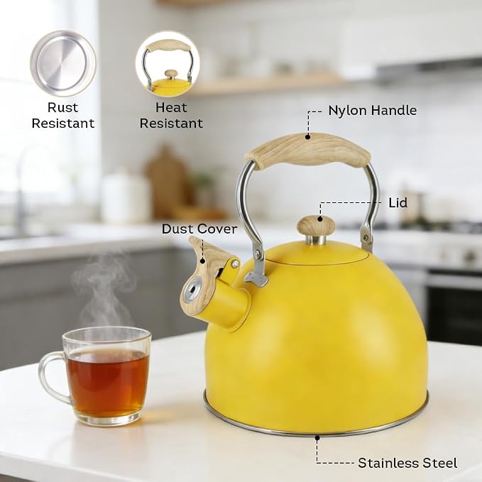 Lily's Home Whistling Tea Kettle, Teapot for Stovetop, Pleasant Whistle Sound, Heat Resistant Plastic Handle – Faux Wood Finish, Non Toxic Stove Kettle for Boiling Water - 2.5 Quarts (Yellow)