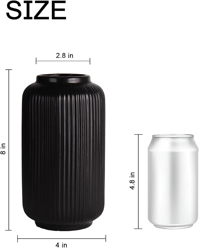 Black Ceramic Vase, 8 Inch Ribbed Flower Vase for Bouquet and Pampas Grass, Modern Wide Mouth Decorative Vase for Dining Table, Kitchen Shelf, Wedding Centerpiece
