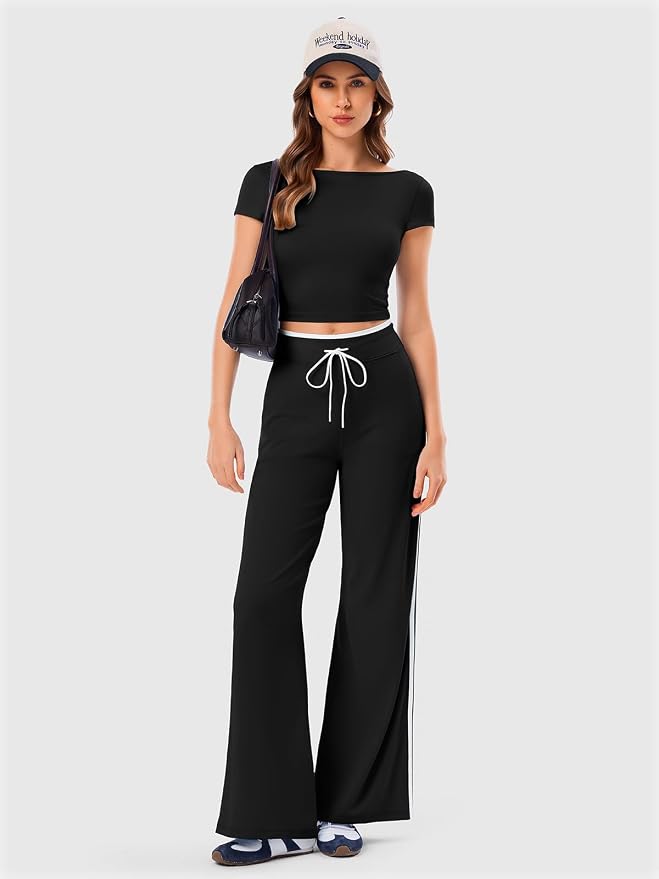 Women's Wide Leg Yoga Pants with Side Stripe, High Waisted Color Block String Lounge Pants, Workout Flowy Track Pants with Pockets