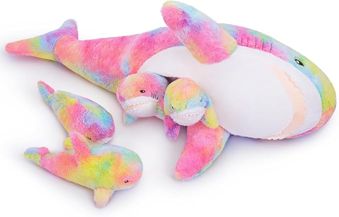 Giant Shark Stuffed Animals Plush, Large Shark Plush Pillow with 4 Little Sharks, 100cm/39.4inches Colorful Sharks Plush Toy Gifts for Kids(Pink)