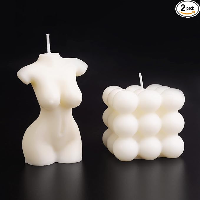 2-Pack Handmade Soy Wax Aromatherapy Candle - White Cube & Female Body Shaped, Scented Decorative Candle for Bedroom, Bathroom & Wedding