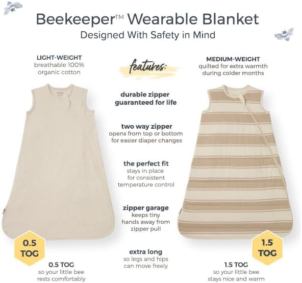 Burt's Bees Baby Organic Beekeeper Infant Wearable Blanket, Unisex Swaddle, Lightweight 0.5 TOG or Medium Weight 1.5 TOG