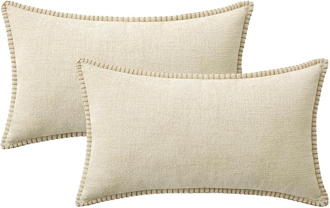 MIULEE Decorative Lumbar Throw Pillow Covers 12x20 Inch Cream White 2 Pack | Farmhouse Pillow Covers with Stitched Edge, Soft Chenille Cushion Cases, for Couch Sofa Bed Living Room Home Decor