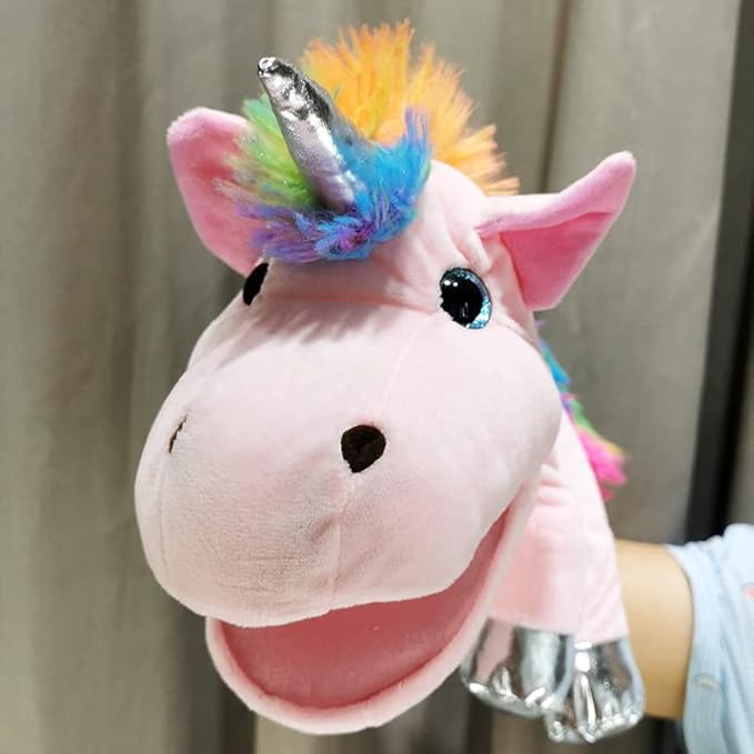 Hopearl Plush Unicorn Hand Puppet with Open Movable Mouth for Imaginative Play, Role Play, Interactive Toy for Storytelling Teaching Puppet Theater, Birthday Gift for Kids Girls, Pink, 12''