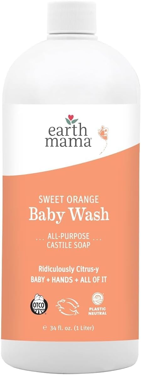 Earth Mama Sweet Orange Baby Wash Liquid Hand Soap Refill, Body Wash for Sensitive Skin, All Purpose Castile Soap Liquid with Coconut Oil, Shea Butter, Calendula & Aloe, 34 fl oz