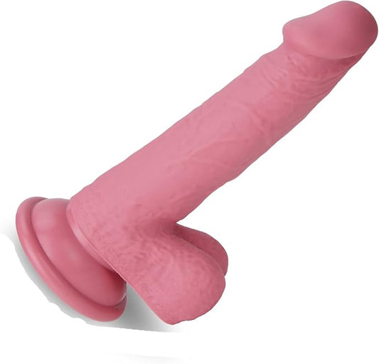 6.5 Inch Beginner Silicone Dildo with Flared Suction Cup Base for Hands-Free Play, Flexible Dildo with Curved Shaft and Balls for Vaginal G-Spot and Anal Prostate Pink