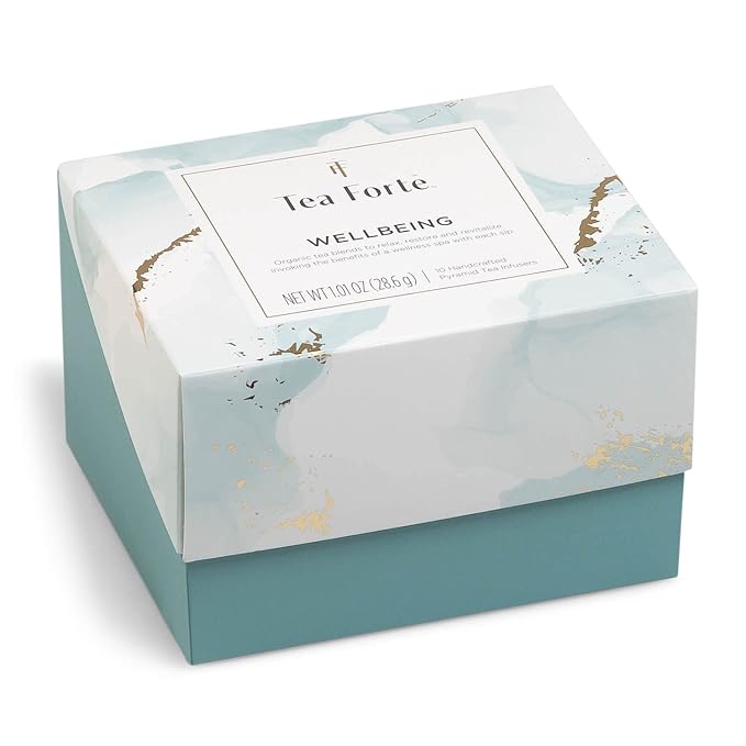 Tea Forte Gift Set with Cafe Cup, Tea Tray, Mini Presentation Box with 10 Handcrafted Pyramid Infuser Tea Bags, Wellbeing Tea