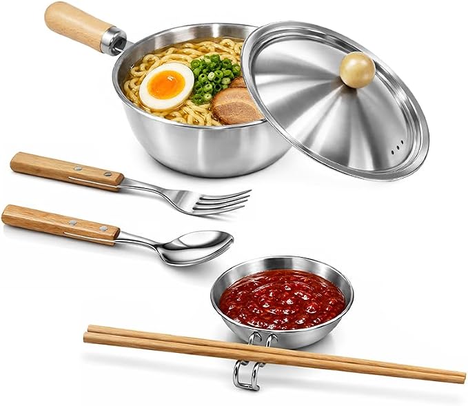 Korean Ramen Pot Set, 18/8 Stainless Steel Ramen Cooking Pot with Stainless Steel Lid, Coating-Free One-Person Dining Set, Wooden Handle Bowl, Fork Spoon Chopsticks&Sauce Dish, Safe for Gas Stove