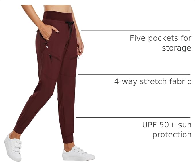 baleaf Womens Lightweight Hiking Pants Water Resistant Quick Dry Joggers with 5 Zipper Pockets UPF 50+ for Travel Hiking
