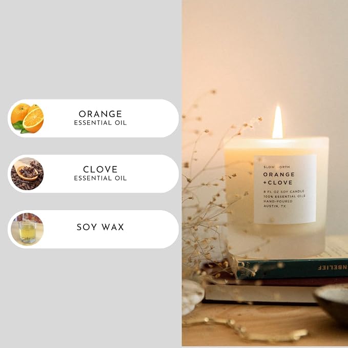 Slow North Orange + Clove Candle - Essential Oils and Pure Soy Wax Candle in a Reusable Frosted Glass Jar - A Unique and Mindful Scented Candle Hand-Poured in the USA (8 oz)