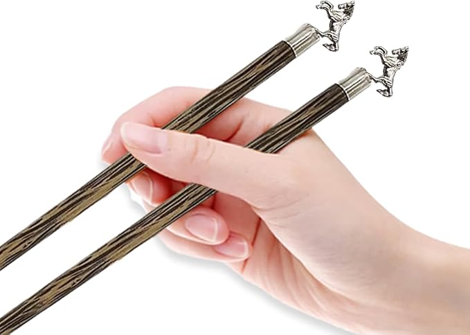 Wooden Chopsticks 9⅞" Long Coconut Palm Wood Chopstick With Metal Horse Top Eating Utensils Oriental Cutlery Asian Tableware Decorative Dinnerware to Serve Chinese Japanese Korean Food