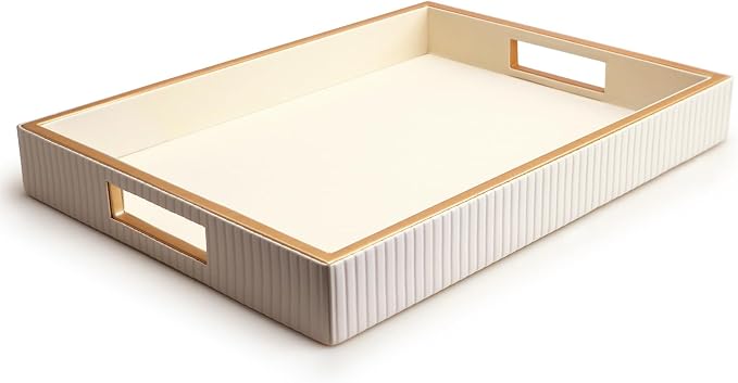 Leather Tray Desktop Storage Organizer, Rectangle Valet Tray, White | Premium Serving Trays with Handles, Decorative Tray Desk Organizer for Sundries Cosmetics Phone Wallet Keys Cutlery
