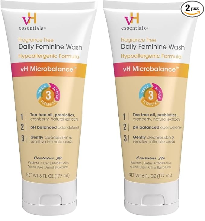 vH Essentials Daily Feminine Wash - 6 Fl Oz - Fragrance-Free,Odor Eliminating Body&Vaginal Wash with Tea Tree Oil,Prebiotics and Lactic Acid for pH Balance, Odor Defense and Vaginal Health (Pack of 2)