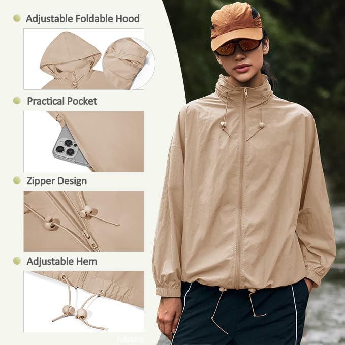 Yousify Womens Waterproof Rain Jackets Lightweight Zip Up Raincoat Outdoor Hiking Hooded Windbreaker with Pocket