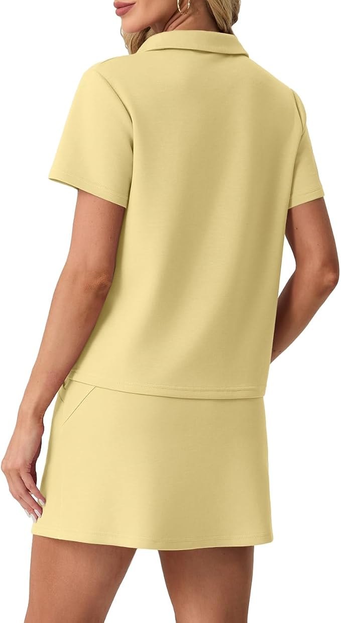 GRECERELLE Women's Summer 2 Piece Skort Set Half Zip Short Sleeve Top & Pocketed Tennis Skirt For Sports & Vacations.