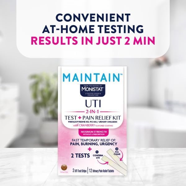 Monistat Maintain UTI Test and Pain Relief Kit, UTI Test Strips and Urinary Pain Relief Tablets, Cranberry Flavor Coating, 2 Test Strips and 12 Tablets (Pack of 12)