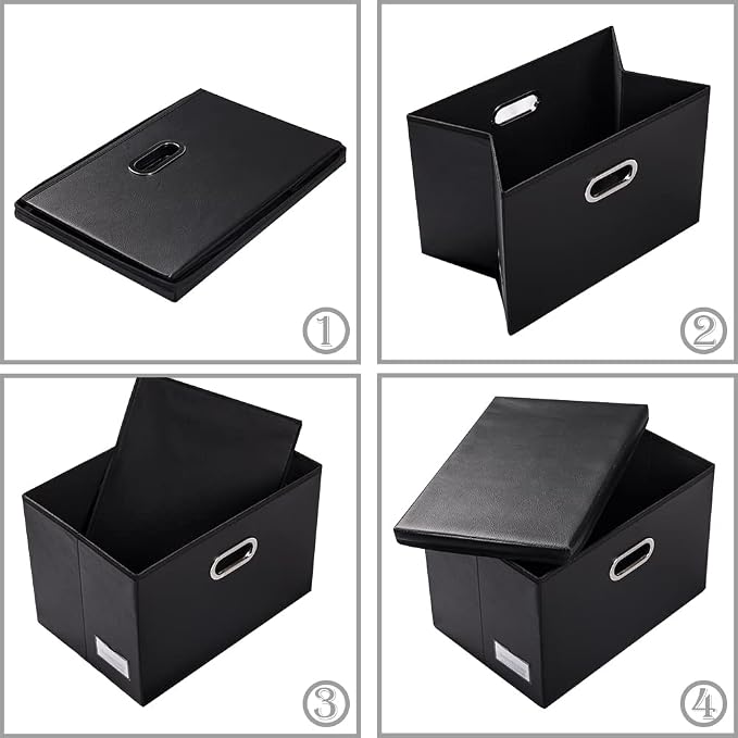 Large Stackable Storage Boxes with Lids [5-Pack] Leather Fabric Foldable Storage Bins Organizer Containers Baskets Cubes with Cover for Bedroom Closet Office Nursery Black(17.7x11.8x11.8)