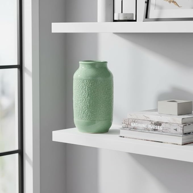 Ceramic Flower Vase, 9 Inch Green Vases for Home Decor, Modern Vase, Centerpieces, Table, Shelf, Console Cabinet, Entryway, Living Room, Bathroom, Office Decor