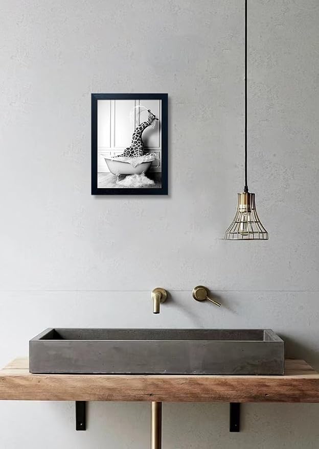 Black and White Bathroom Wall Decor Funny Giraffe in Bathtub Decor Framed Farmhouse Animal Canvas Wall Art Bathroom Artwork