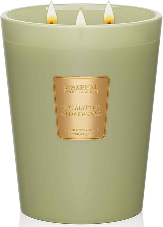 M&SENSE Eucalyptus Cedarwood Soy Candle, 35oz 3-Wick 150H, Large Aromatherapy Candle for Stress Relief Calm, Home Office Decor, Housewarming Gift
