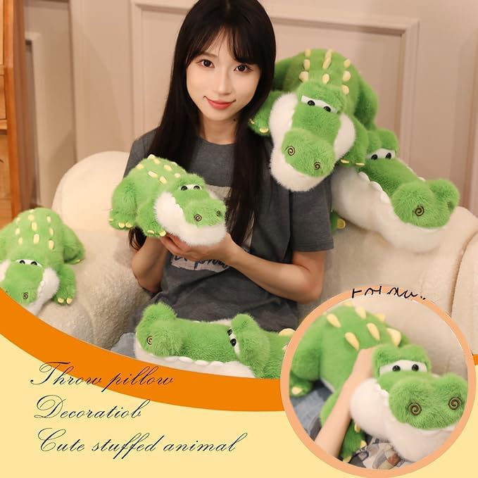 ELAINREN Furry Realistic Crocodile Plush Pillow Soft Green Alligator Stuffed Animal Toy Fluffy Gator Plushie Doll Gifts for Xmas/27.6''