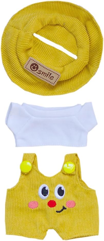 niannyyhouse 17cm Doll Clothes Hat White T-Shirt Animal Print Overalls 15cm Plush Doll Dressup (Yellow)