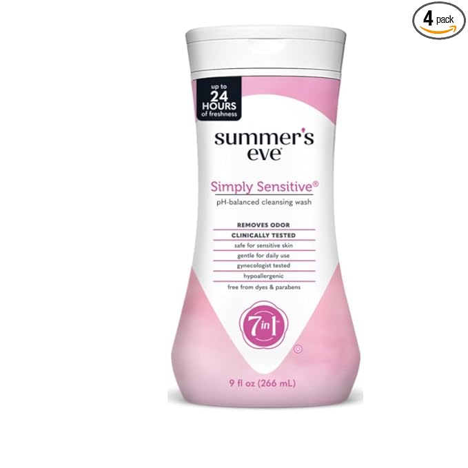 Summer's Eve Simply Sensitive Feminine Cleansing Wash, Sensitive Skin Daily Intimate Wash, Removes Odor, pH Balanced, Hypoallergenic, 9 Ounce (Pack of 4)